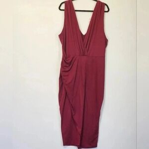 Lilian Burgundy V Neck Draped Ruched Midi Dress Plus Size 3X NWT